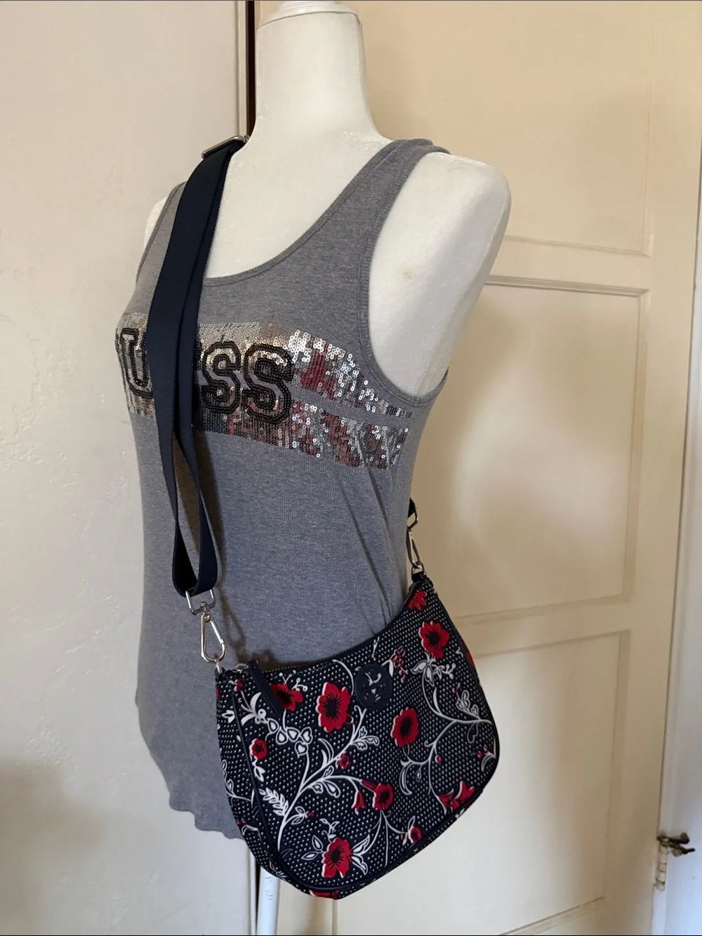 Tory Burch Navy Crossbody with Red Floral Print